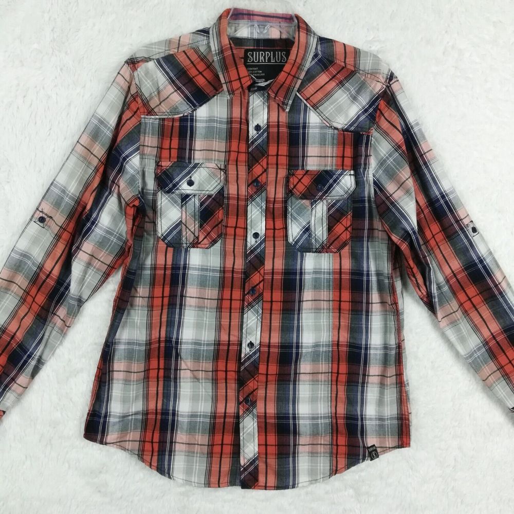 Surplus Mens Shirt Western Button Up Orange Navy Textured Plaid Roll Tab L